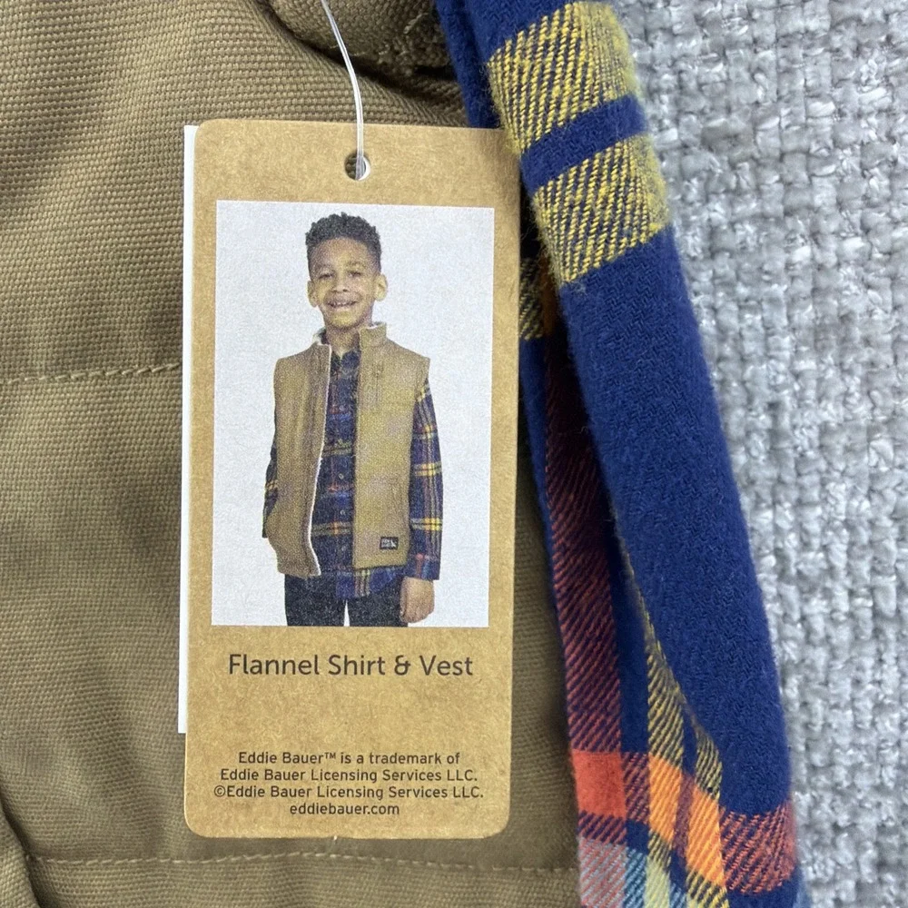 Eddie Bauer Kids Size 6 Tan Faux Sherpa Lined Vest‎ Blue Plaid Flannel Shirt Set
